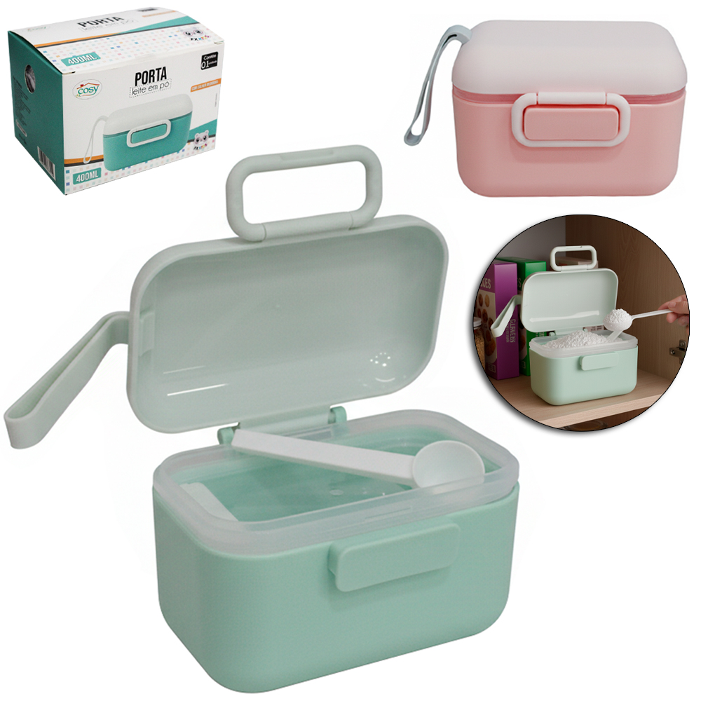 PORTA LEITE EM PO DE PLASTICO COM COLHER E DIVISORIA COLORS 400ML