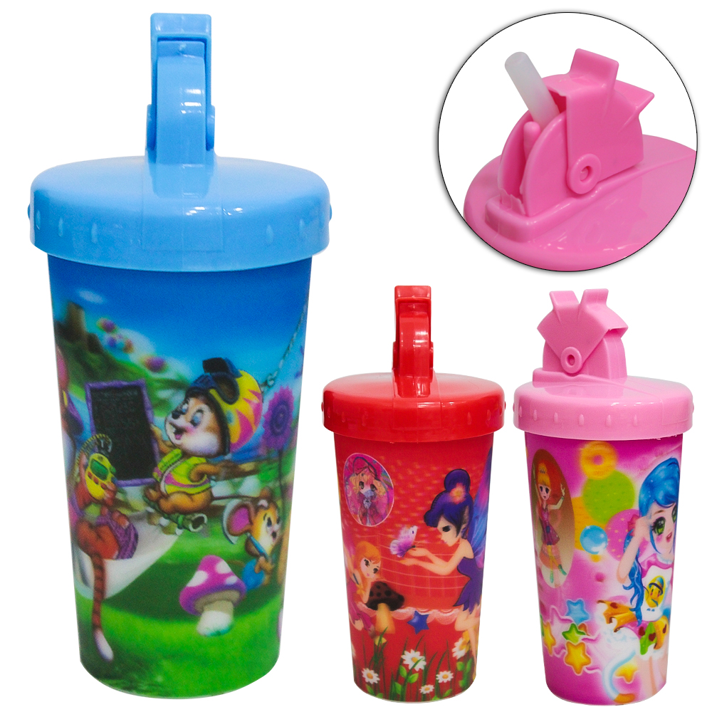 COPO BABY COM TAMPA E CANUDO DE PLASTICO 3D ESTAMPAS SORTIDAS 300ML