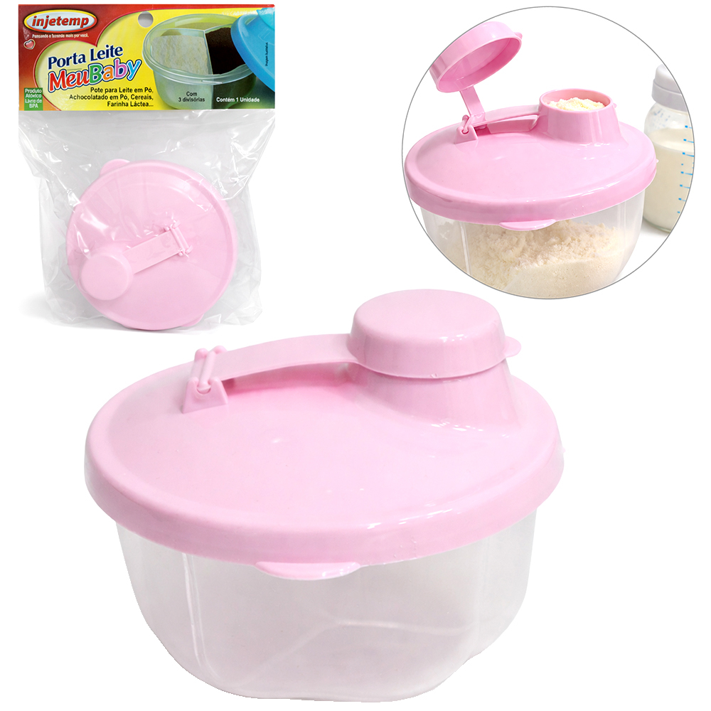 PORTA LEITE EM PO DOSADOR DE PLASTICO COM 3 DIVISORIAS ROSA