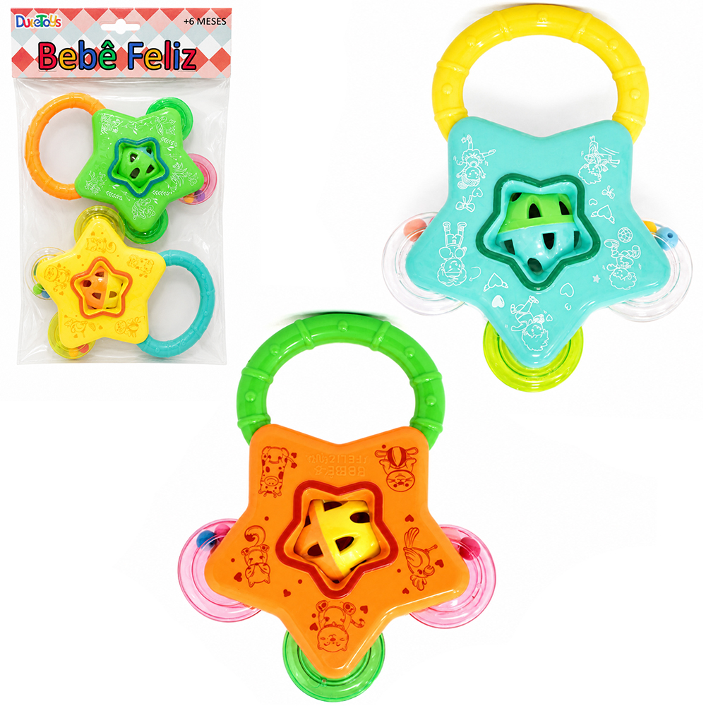 CHOCALHO BABY DIVERTIDO BEBE FELIZ ESTRELA COM GUIZO 2 PECAS 