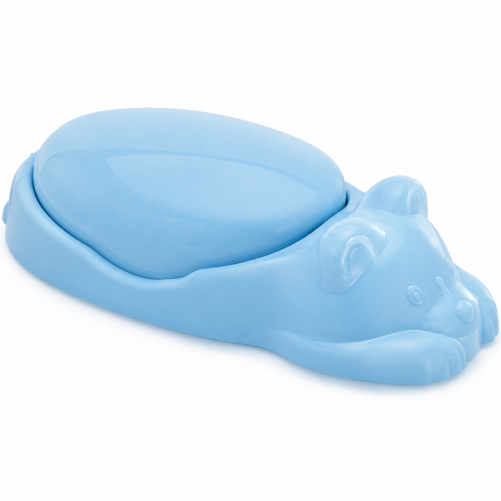 SABONETEIRA DE PIA DE PLASTICO OVAL ADOLETA BEBE URSO AZUL COM TAMPA 18X5CM