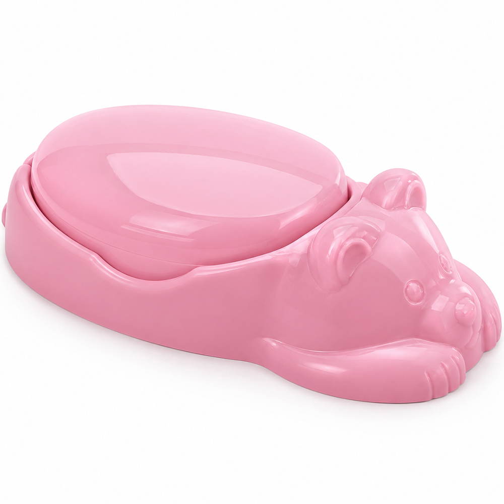 SABONETEIRA DE PIA DE PLASTICO OVAL ADOLETA BEBE URSO ROSA COM TAMPA 18X5CM