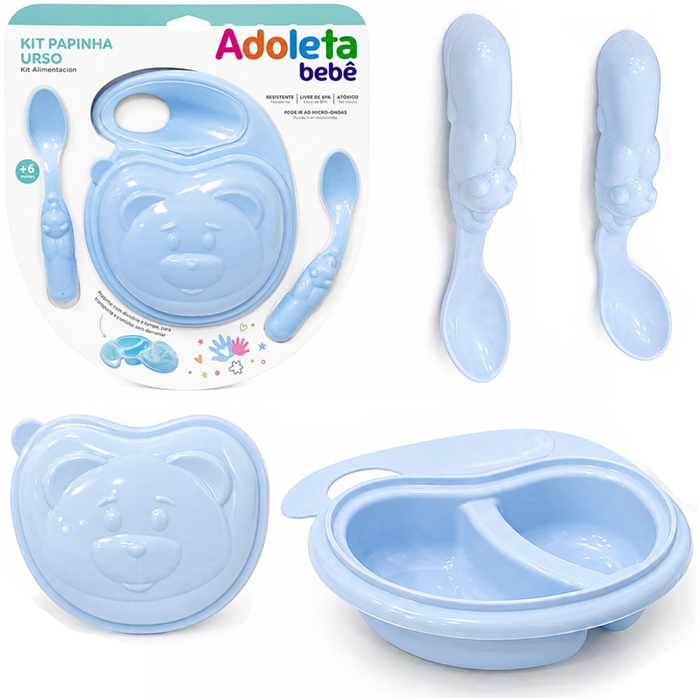 KIT ALIMENTACAO / PAPINHA ADOLETA BEBE COM PRATO COM TAMPA + COLHER DE PLASTICO URSO AZUL