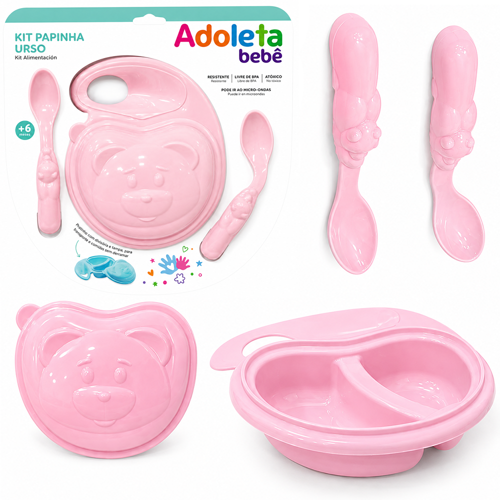 KIT ALIMENTACAO / PAPINHA ADOLETA BEBE COM PRATO COM TAMPA + COLHER DE PLASTICO URSO ROSA