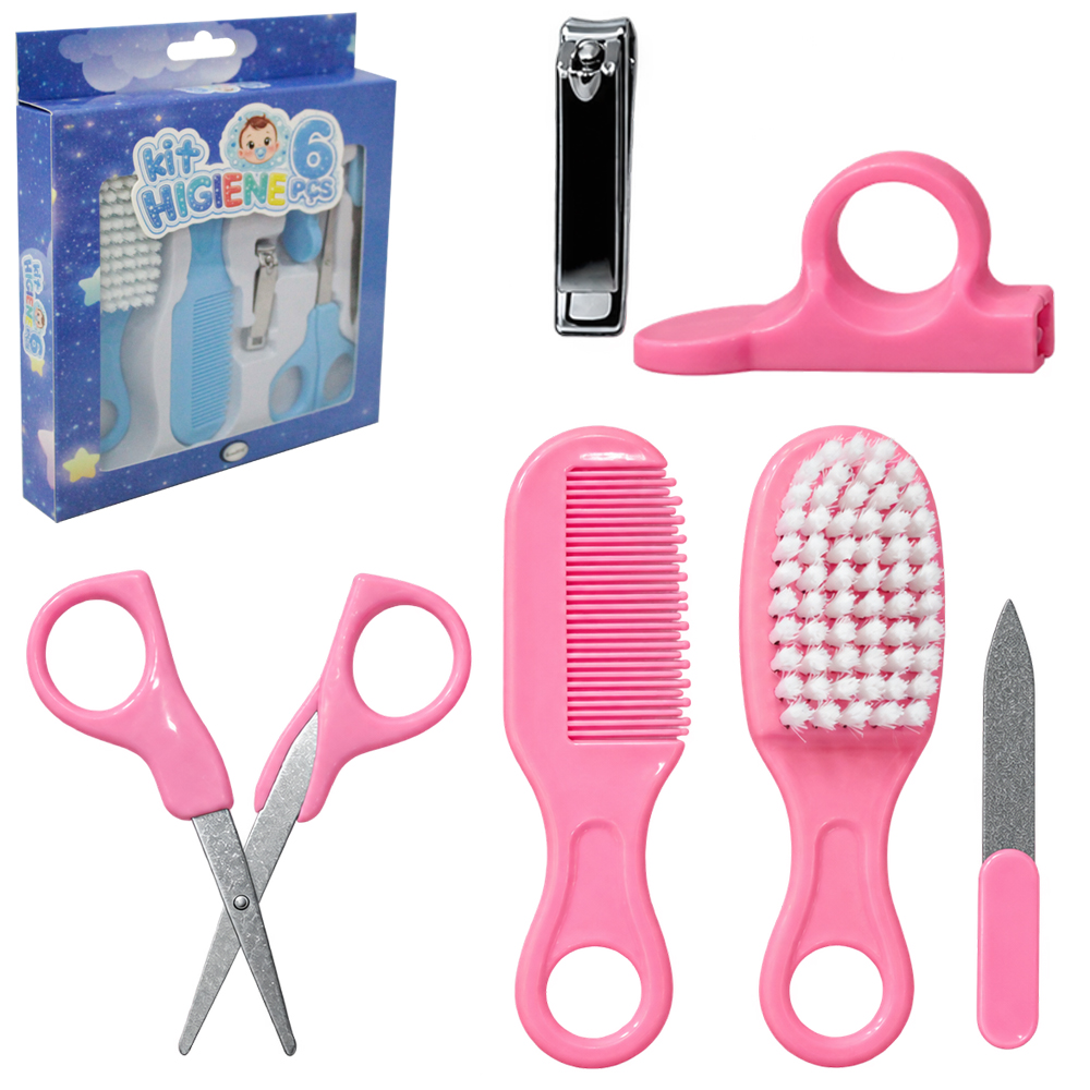 KIT HIGIENE INFANTIL COM ESCOVA CABELO + PENTE + TESOURA + LIXA + CORTADOR DE UNHA E SUPORTE AZUL / ROSA