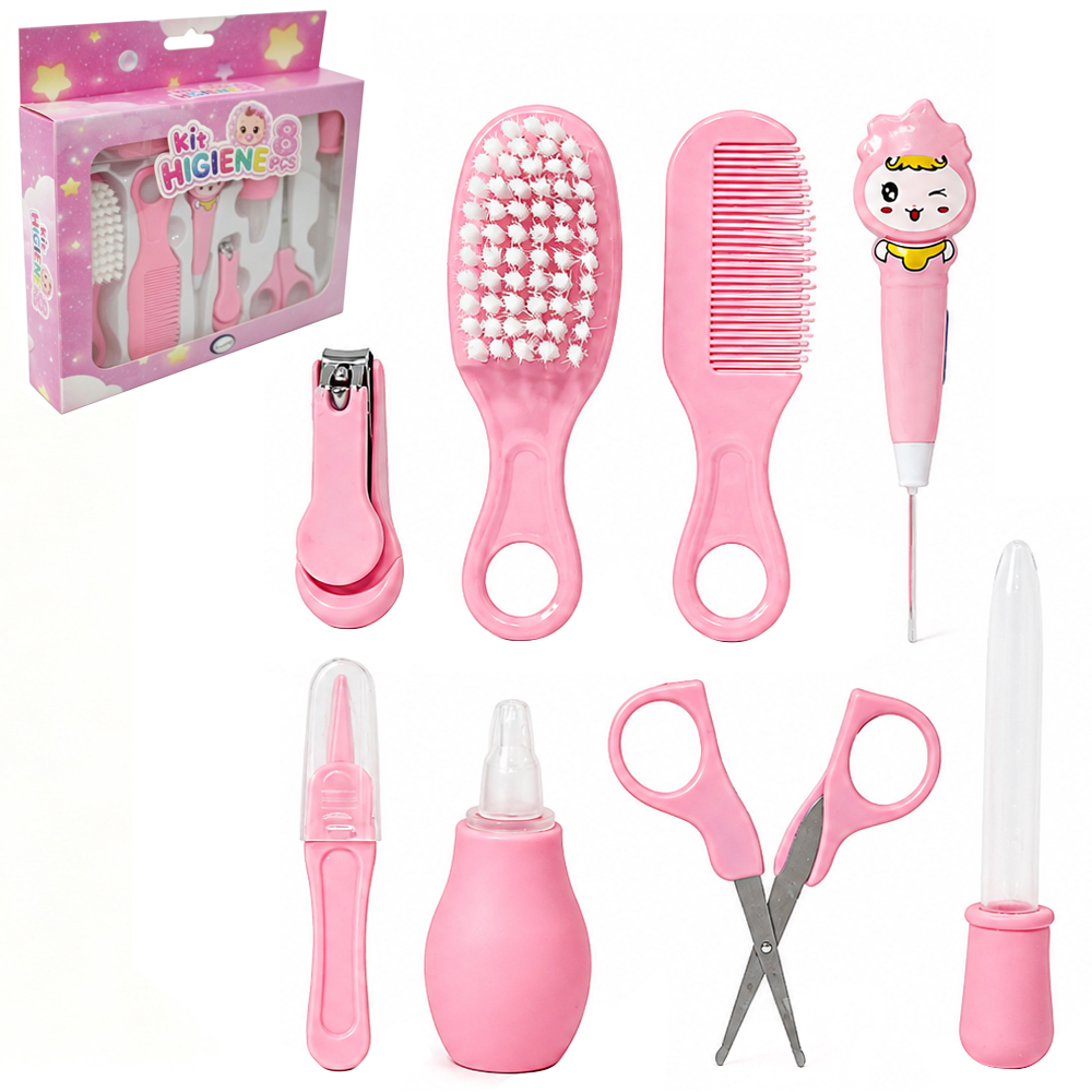 KIT HIGIENE INFANTIL COM ESCOVA CABELO + LIMPADOR DE OUVIDO COM LED BATERIA E ACESSORIOS AZUL / ROSA 8 PECAS 