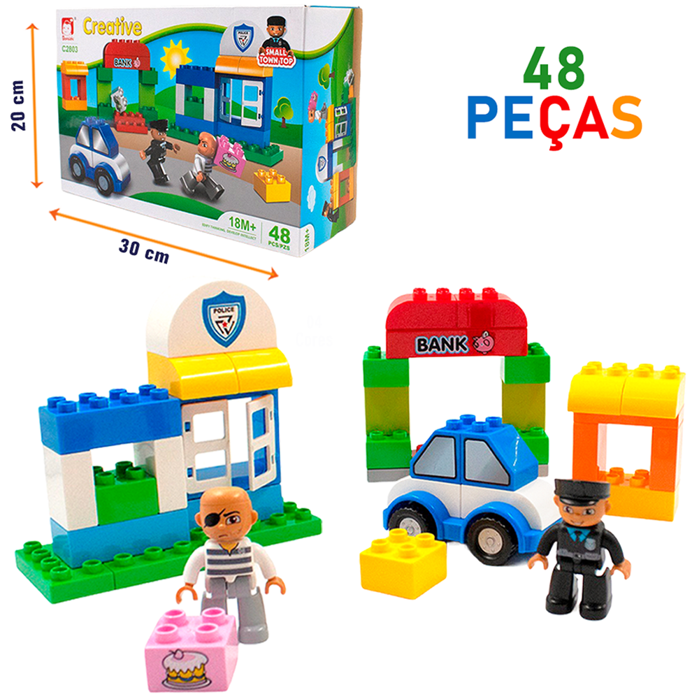 BLOCOS DE MONTAR BLOCKS POLICIA COM 2 BONECOS 48 PECAS NA CAIXA