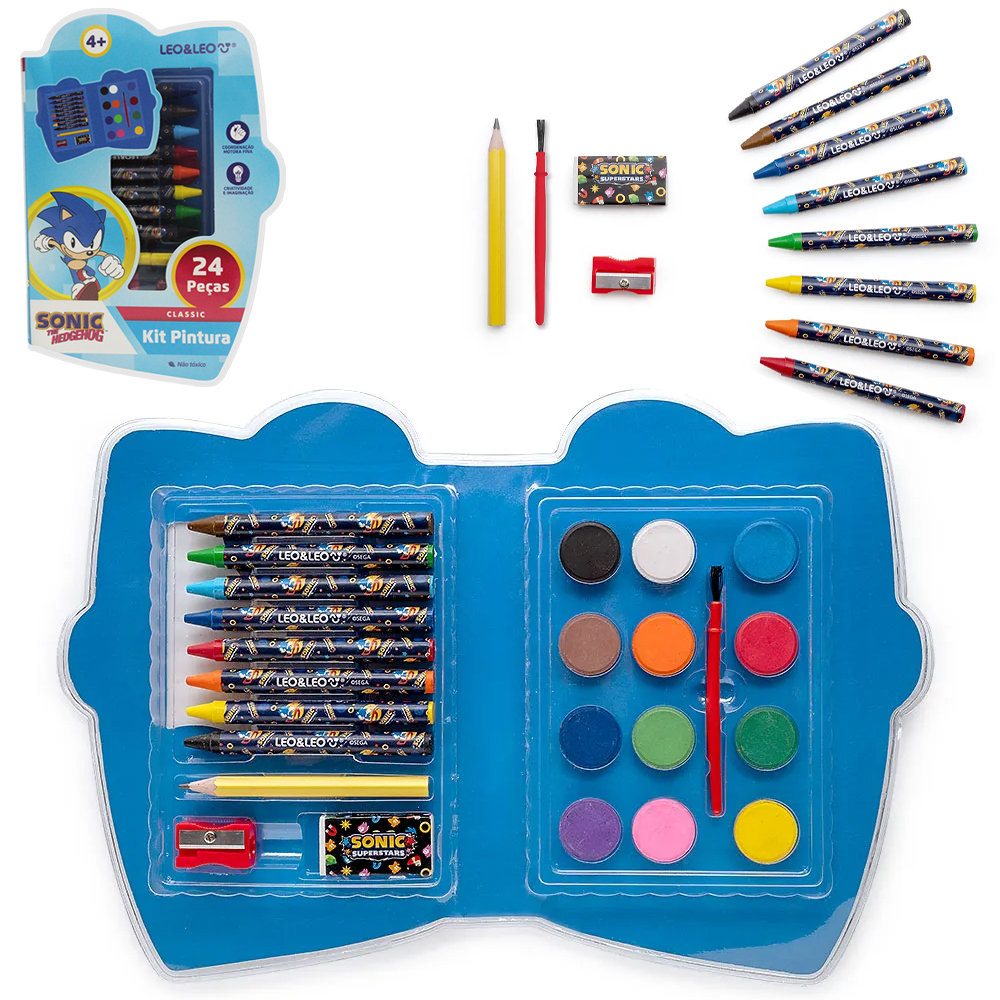 ESTOJO MALETA ESCOLAR SONIC THE HEDGEHOG COM AQUARELA + GIZ DE CERA E ACESSORIOS 24 PECAS 