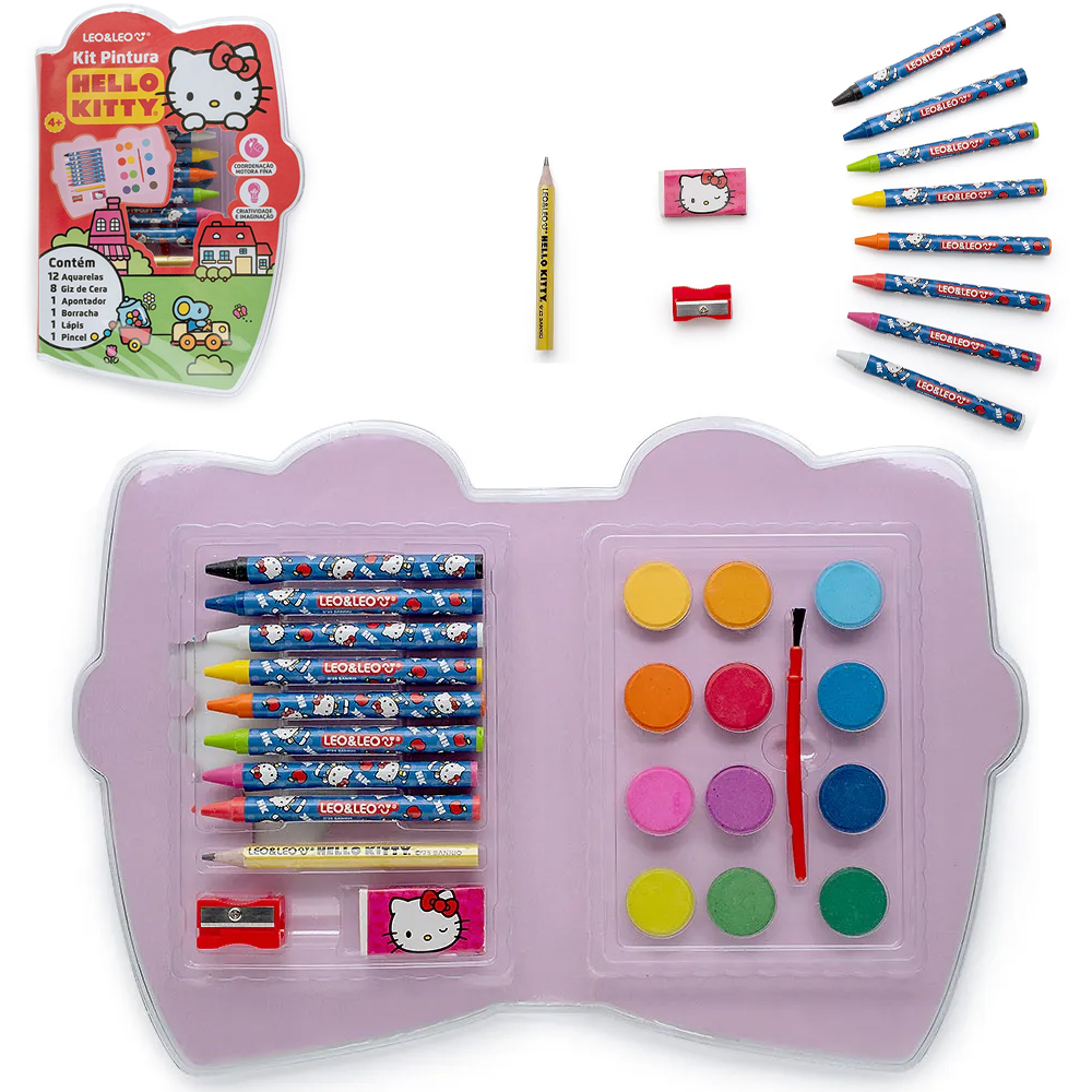 ESTOJO MALETA ESCOLAR HELLO KITTY COM AQUARELA + GIZ DE CERA E ACESSORIOS 24 PECAS 