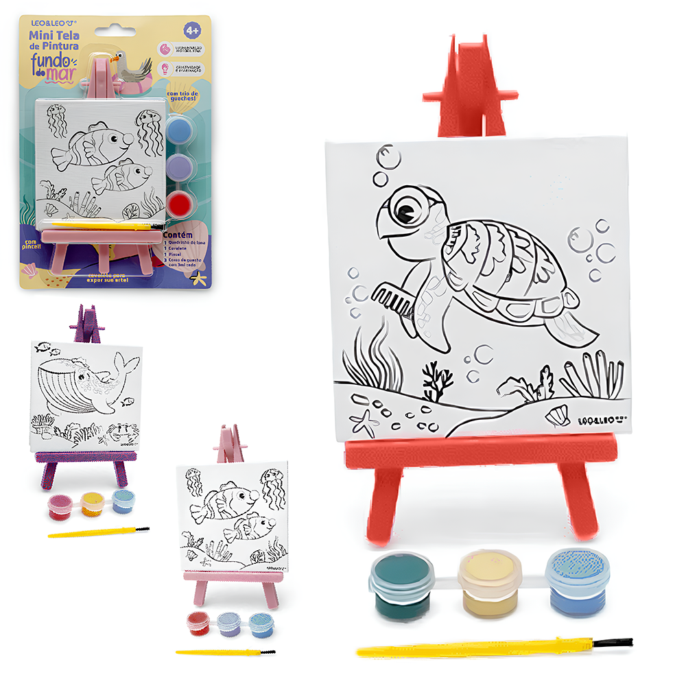MINI TELA PARA PINTURA FUNDO DO MAR COM CAVALETE + PINCEL E TINTA GUACHE 3 CORES 3ML