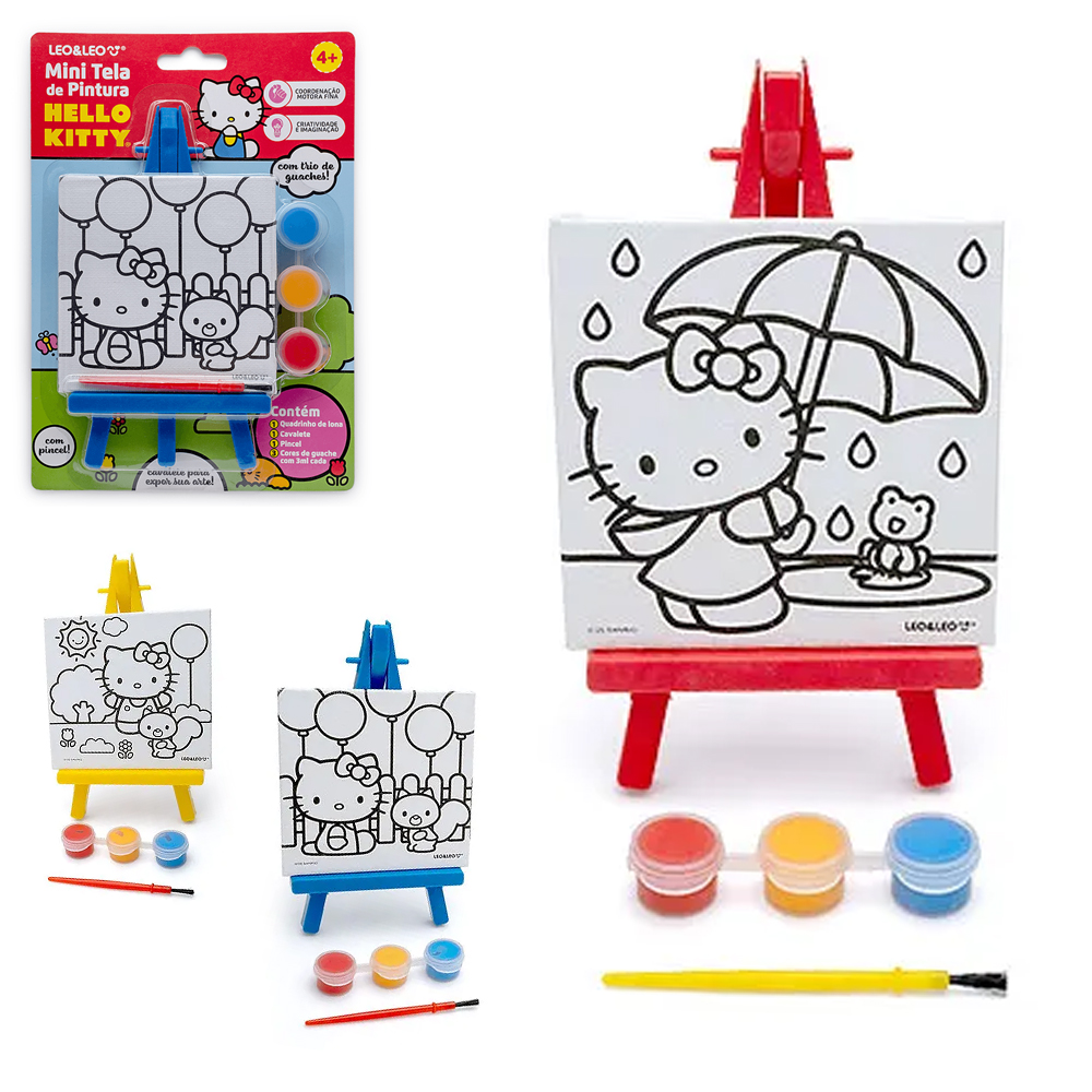 MINI TELA PARA PINTURA HELLO KITTY COM CAVALETE + PINCEL E TINTA GUACHE 3 CORES 3ML