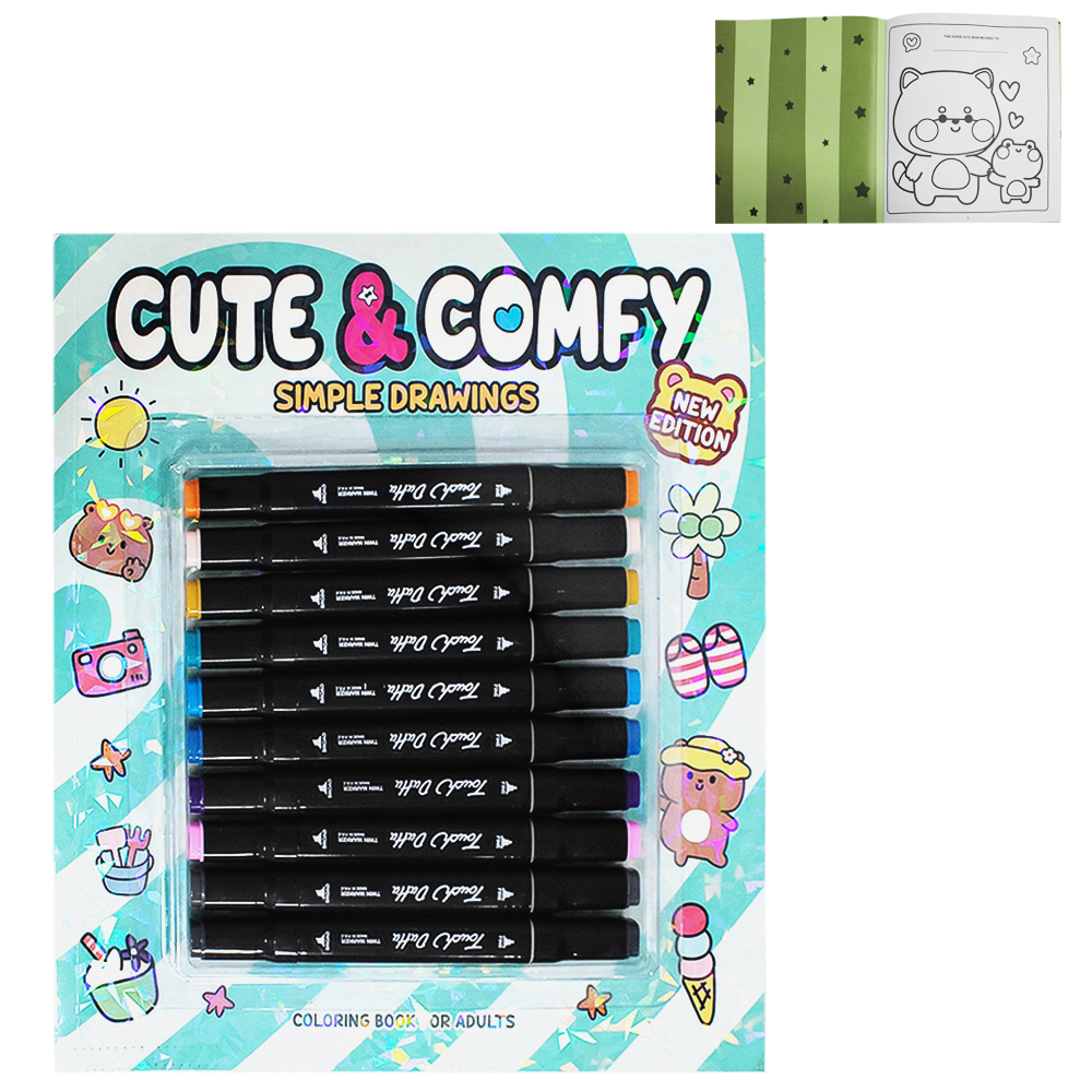 LIVRO CUTE & COMFY SIMPLE DRAWINGS COLORING BOOK FOR ADULTS PARA COLORIR COM 10 CANETAS DUPLA 49 PAGINAS 28X25CM