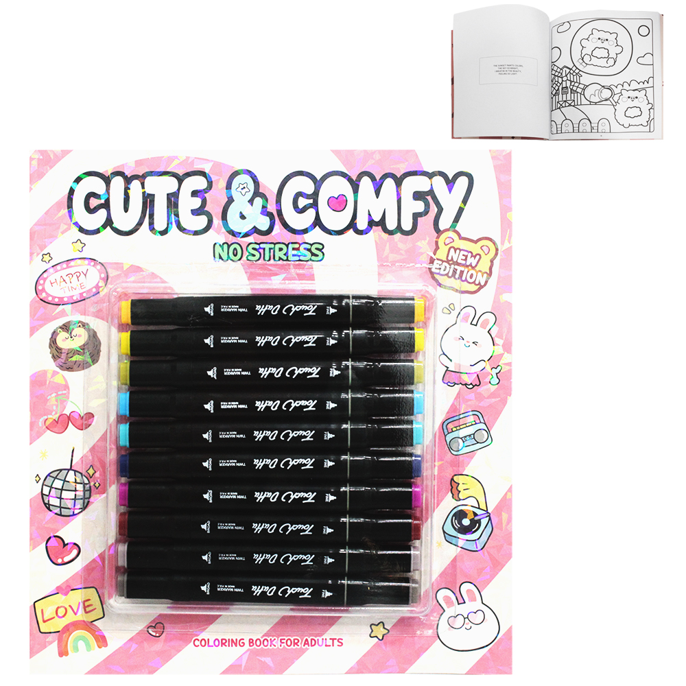 LIVRO CUTE & COMFY NO STRESS COLORING BOOK FOR ADULTS PARA COLORIR COM 10 CANETAS DUPLA 49 PAGINAS 28X25CM