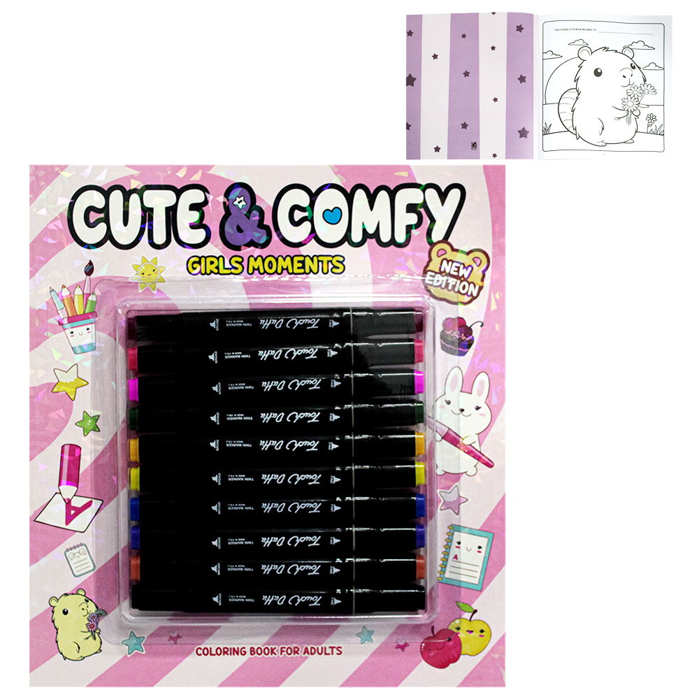 LIVRO CUTE & COMFY GIRLS MOMENTS COLORING BOOK FOR ADULTS PARA COLORIR COM 10 CANETAS DUPLA 49 PAGINAS 28X25CM