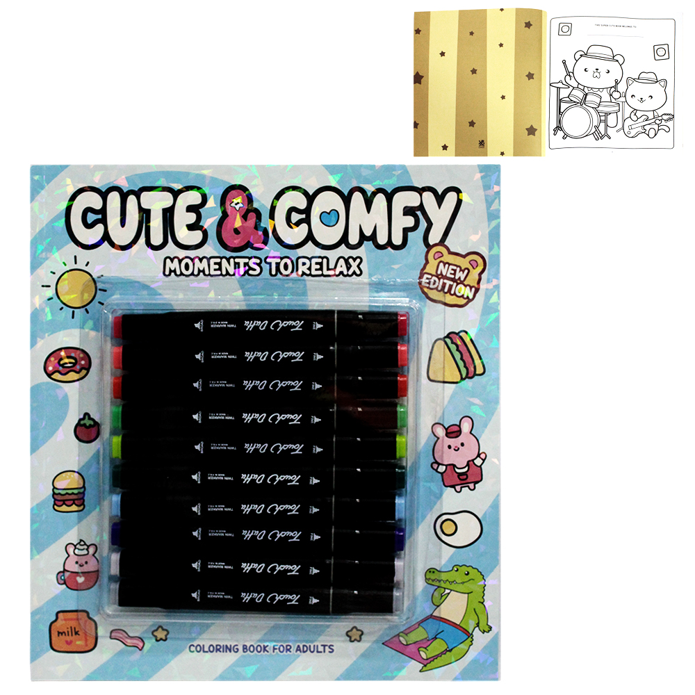 LIVRO CUTE & COMFY MOMENTS TO RELAX COLORING BOOK FOR ADULTS PARA COLORIR 10 CANETAS DUPLA 49 PAGINAS 28X25CM