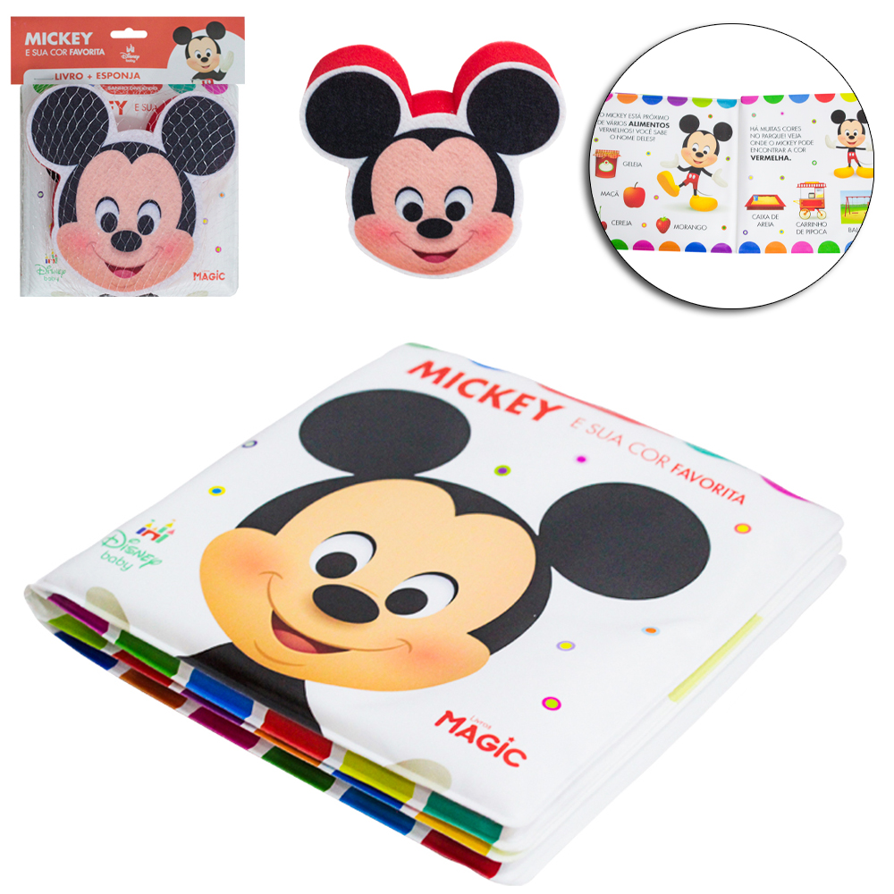 LIVRO DE BANHO + ESPONJA MICKEY 4 PAGINAS 14X14CM