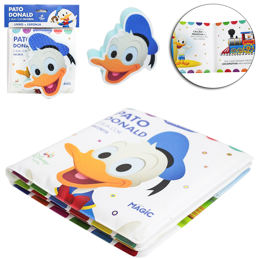 LIVRO DE BANHO + ESPONJA PATO DONALD 4 PAGINAS 14X14CM