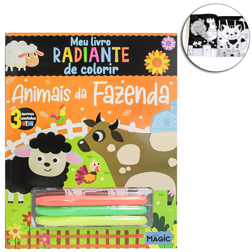 LIVRO PARA COLORIR COM NEON ANIMAIS DA FAZENDA COM 3 CANETAS NEON 32 PAGINAS 28X21,5CM