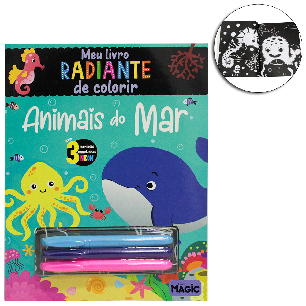 LIVRO PARA COLORIR COM NEON ANIMAIS DO MAR COM 3 CANETAS NEON 32 PAGINAS 28X21,5CM