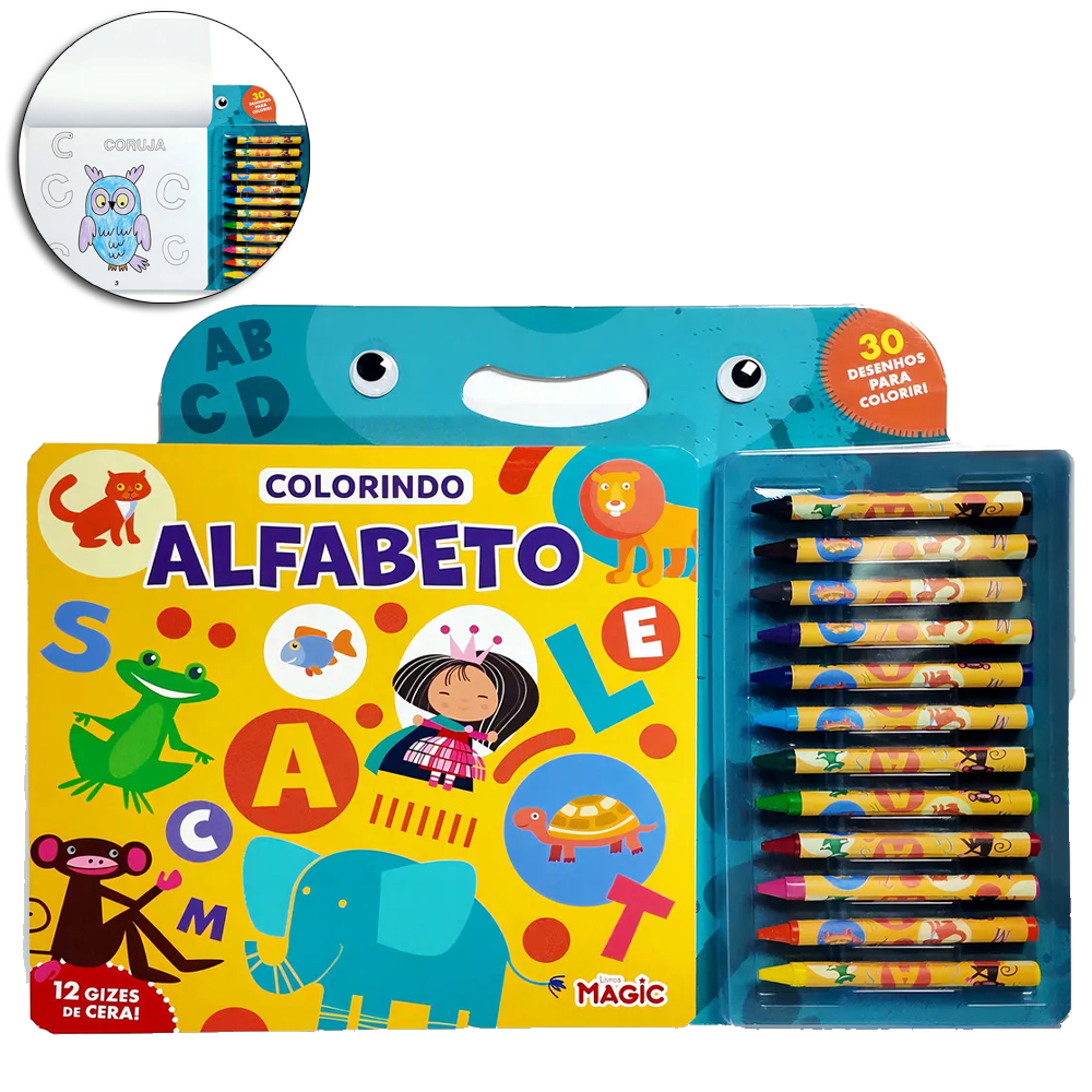 LIVRO PARA COLORIR COLORINDO ALFABETO COM 12 GIZ DE CERA 30 PAGINAS 20,5X19CM