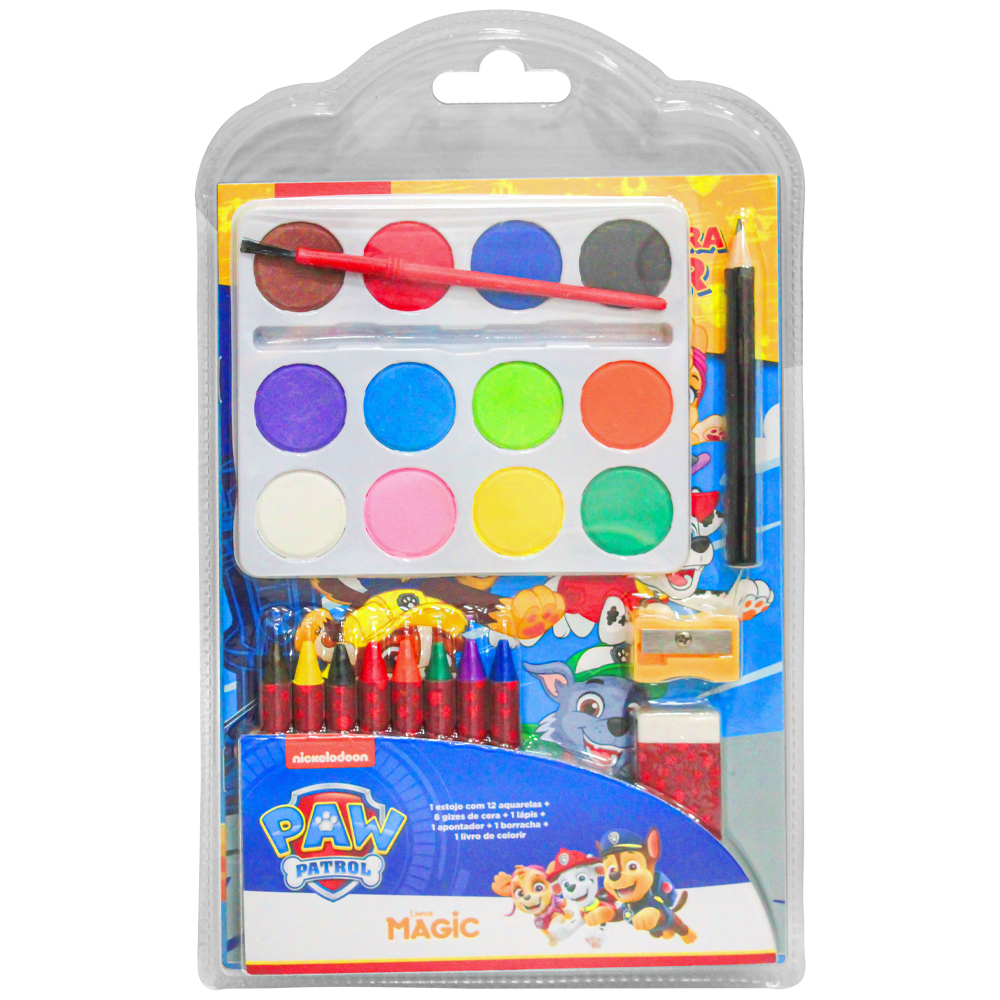 MEGA KIT LIVRO PARA COLORIR PATRULHA CANINA COM AQUARELA + GIZ + LAPIS / APONTADOR / BORRACHA