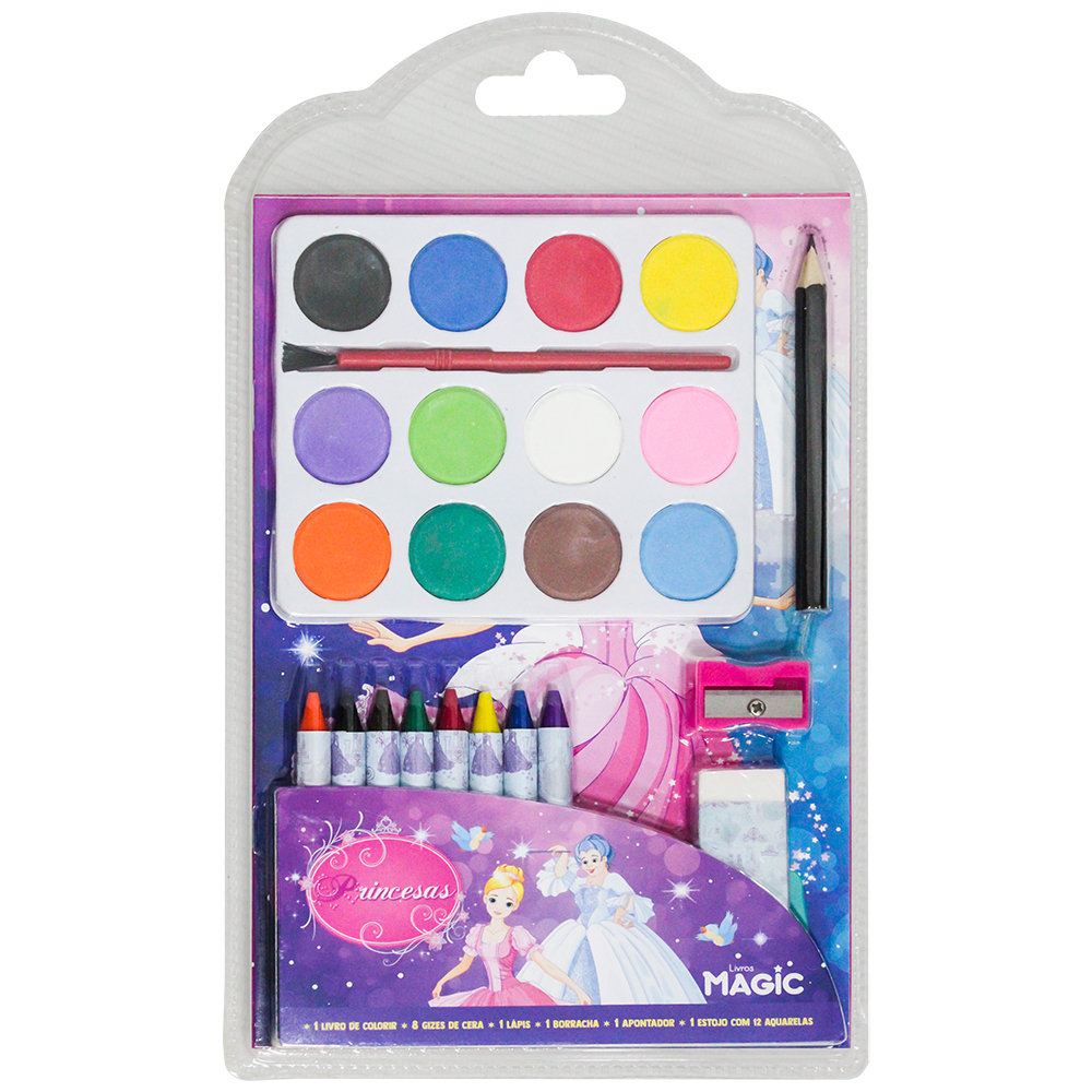 MEGA KIT LIVRO PARA COLORIR PRINCESAS COM AQUARELA + GIZ + LAPIS / APONTADOR / BORRACHA