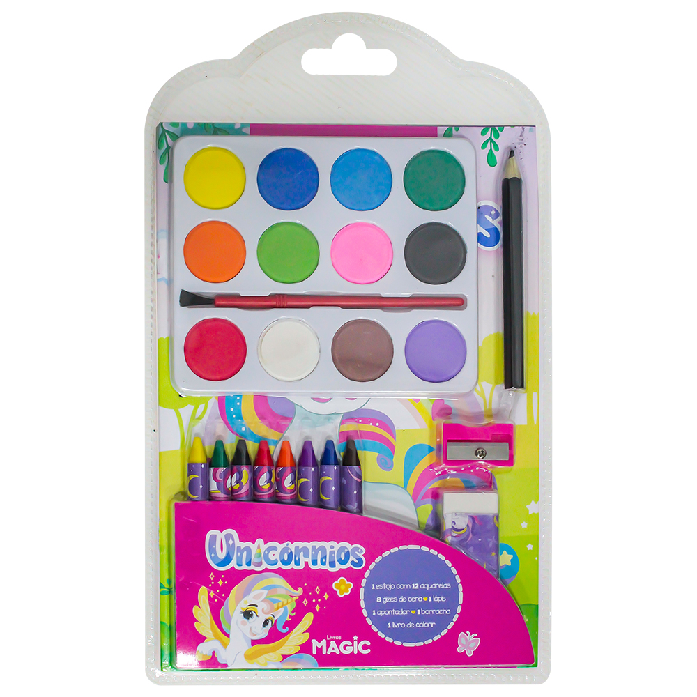 MEGA KIT LIVRO PARA COLORIR UNICORNIOS COM AQUARELA + GIZ + LAPIS / APONTADOR / BORRACHA