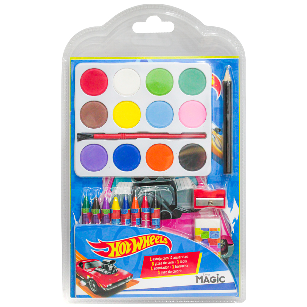 MEGA KIT LIVRO PARA COLORIR HOT WHEELS COM AQUARELA + GIZ + LAPIS / APONTADOR / BORRACHA