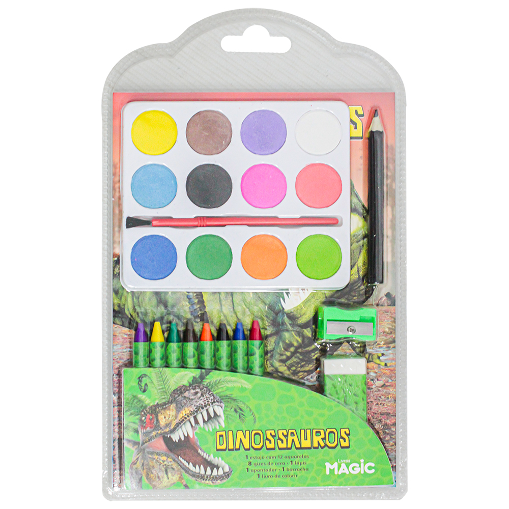 MEGA KIT LIVRO PARA COLORIR DINOSSAUROS COM AQUARELA + GIZ + LAPIS / APONTADOR / BORRACHA