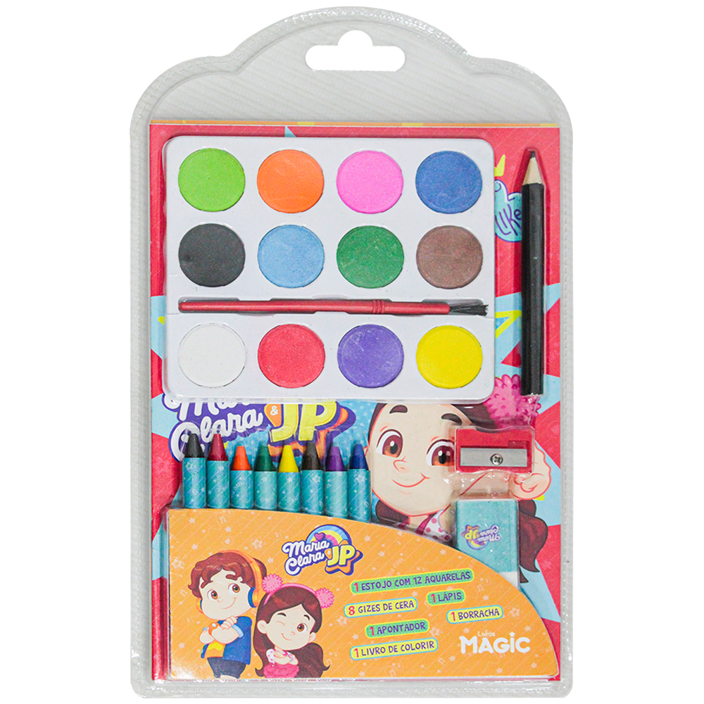 MEGA KIT LIVRO PARA COLORIR MARIA CLARA & JP COM AQUARELA + GIZ + LAPIS / APONTADOR / BORRACHA