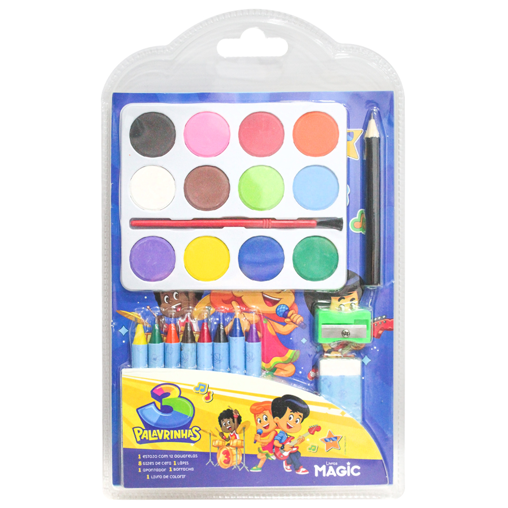 MEGA KIT LIVRO PARA COLORIR 3 PALAVRINHAS COM AQUARELA + GIZ + LAPIS / APONTADOR / BORRACHA