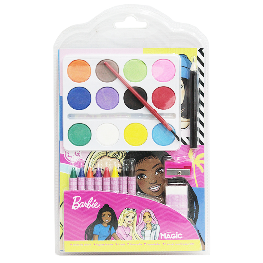 LIVRO BARBIE AQUARELA COM 12 CORES + PINCEL + 8 GIZ DE CERA + APONTADOR + BORRACHA E LAPIS