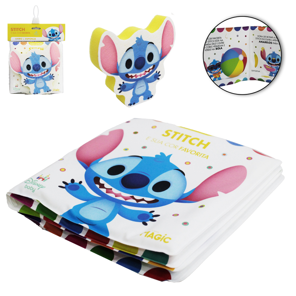 LIVRO DE BANHO STITCH COM ESPONJA / BUCHA DE ESPUMA 4 PAGINAS 14X14CM