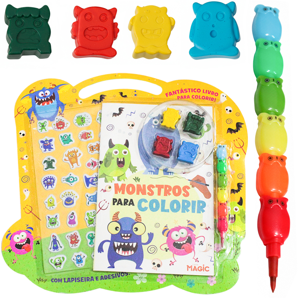 LIVRO MONSTROS P/COLORIR C/LAPISEIRA CANETA TROCA PONTA + 4 GIZ DE CERA E ADESIVOS 16 PAGINAS 24X16CM 1258 MAGIC KIDS