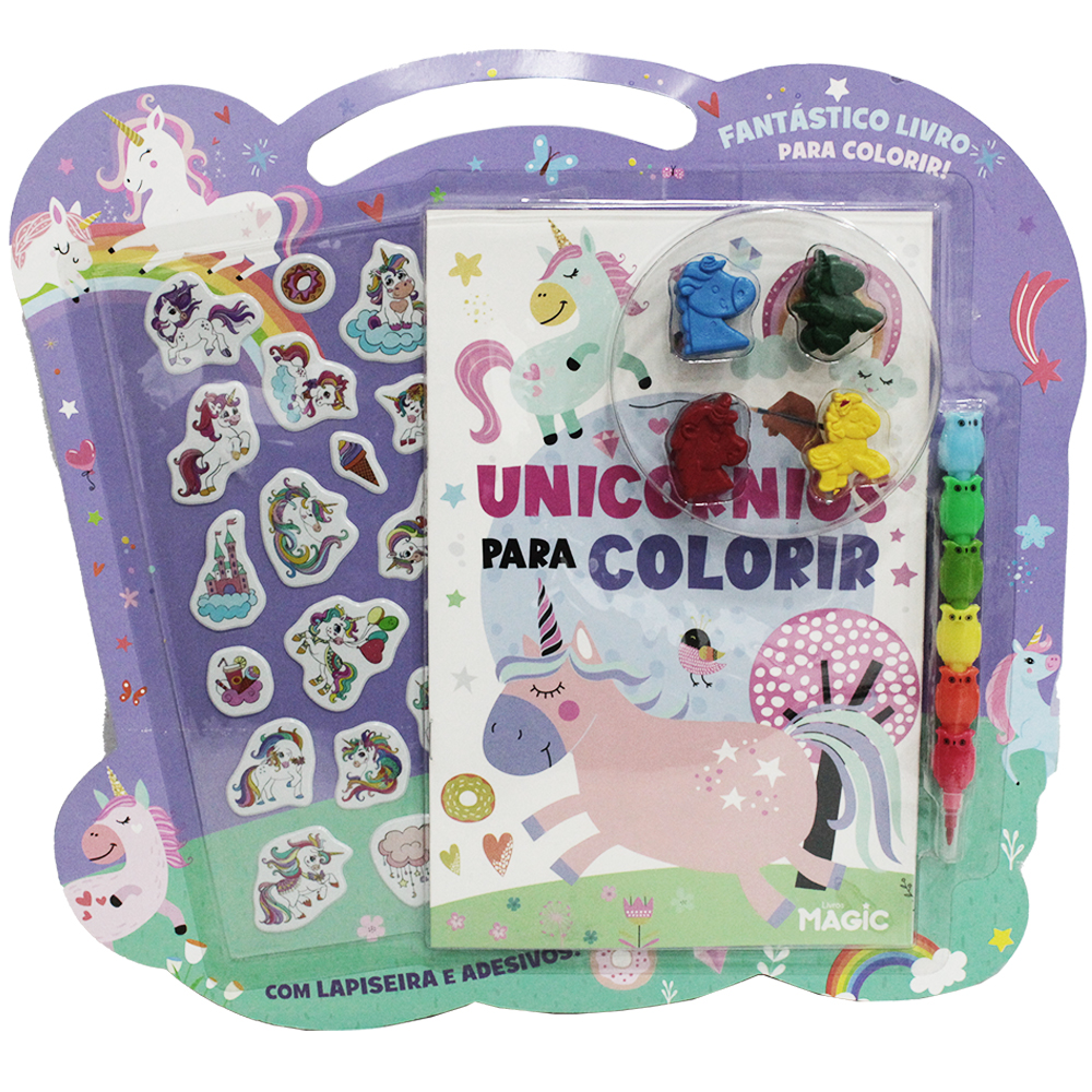 LIVRO UNICORNIOS PARA COLORIR COM LAPISEIRA CANETA TROCA PONTA + 4 GIZ DE CERA E ADESIVOS 16 PAGINAS 24X16CM