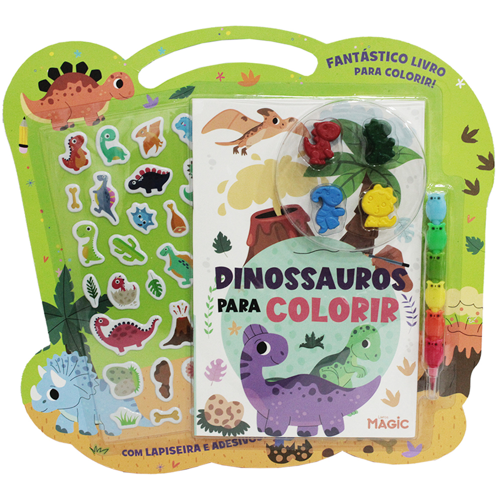 LIVRO DINOSSAUROS PARA COLORIR COM LAPISEIRA CANETA TROCA PONTA + 4 GIZ DE CERA E ADESIVOS 16 PAGINAS 24X16CM