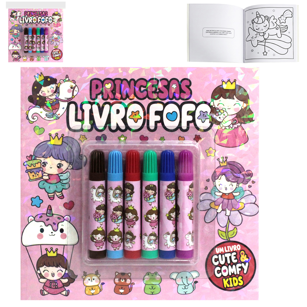 LIVRO FOFO PRINCESAS CUTE & COMFY KIDS PARA COLORIR COM 6 CANETAS 48 PAGINAS 21X21CM