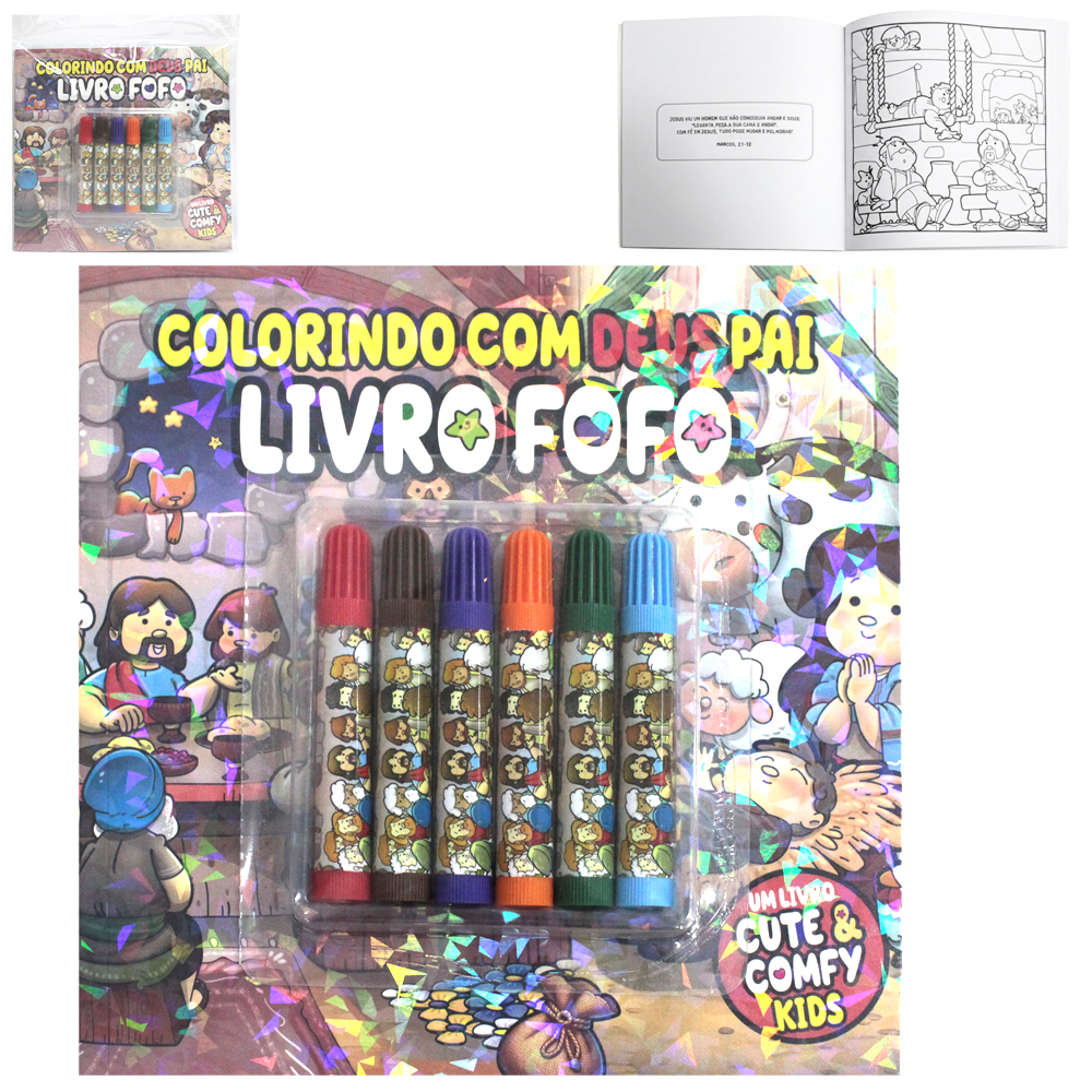 LIVRO FOFO COLORINDO COM DEUS PAI CUTE & COMFY KIDS PARA COLORIR COM 6 CANETAS 48 PAGINAS 21X21CM