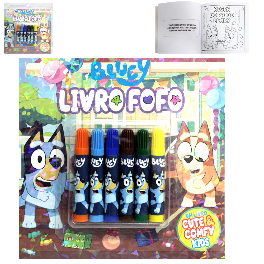 LIVRO FOFO BLUEY CUTE & COMFY KIDS PARA COLORIR COM 6 CANETAS 48 PAGINAS 21X21CM