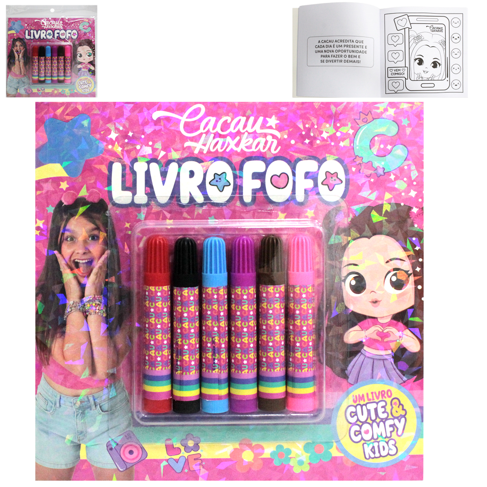 LIVRO FOFO CACAU HAXKAR CUTE & COMFY KIDS P/COLORIR COM 6 CANETAS 48 PAGINAS 21X21CM