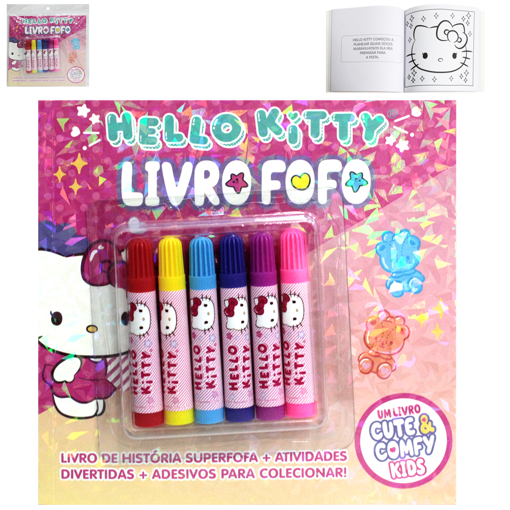 LIVRO FOFO HELLO KITTY CUTE & COMFY KIDS PARA COLORIR COM 6 CANETAS 48 PAGINAS 21X21CM