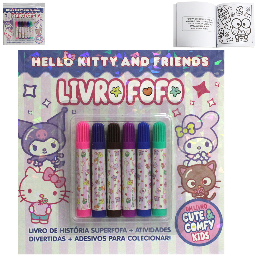 LIVRO FOFO HELLO KITTY AND FRIENDS CUTE & COMFY KIDS PARA COLORIR E ATIVIDADES + ADESIVOS 6 CANETAS 48 PAGINAS