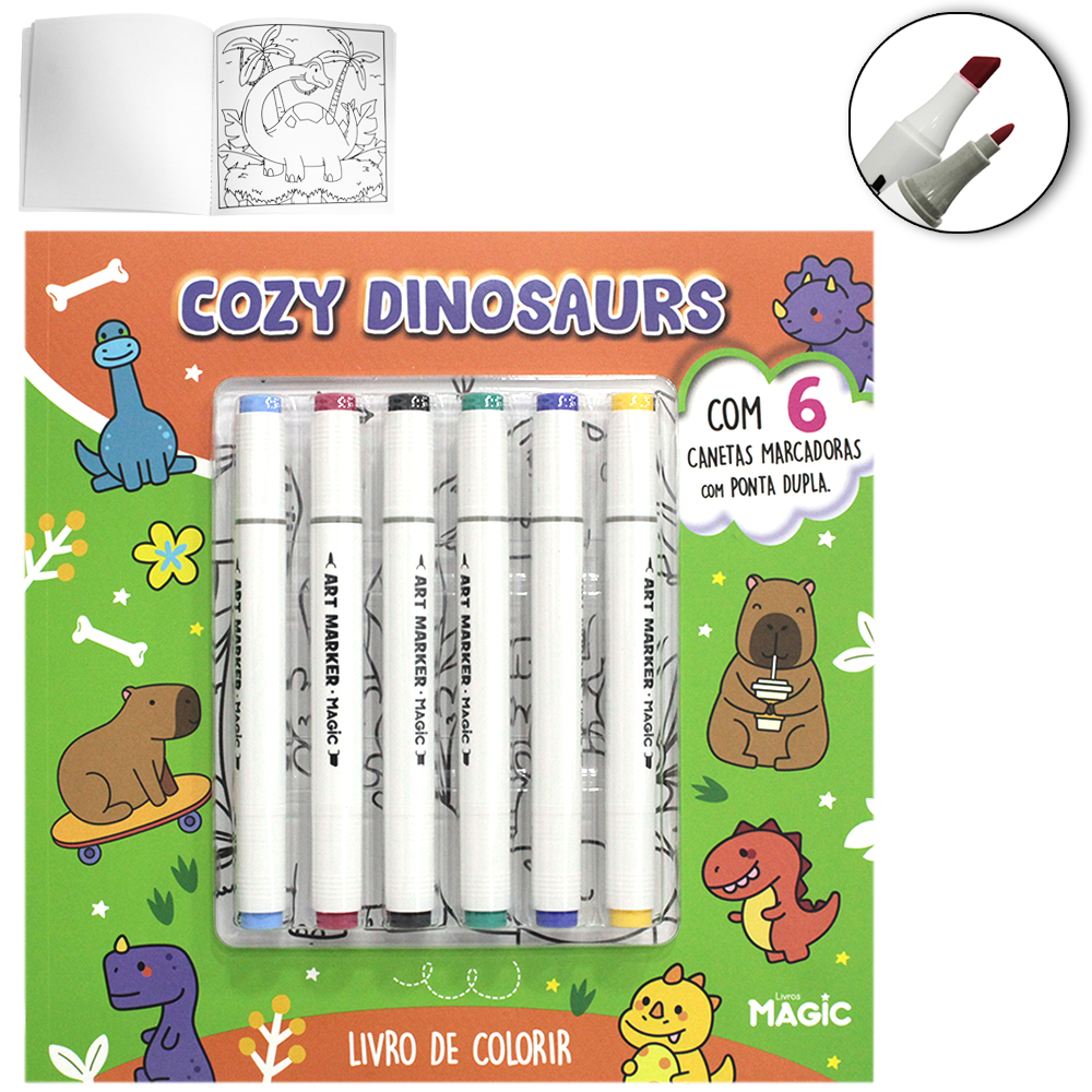 LIVRO COZY DINOSAURS PARA COLORIR COM 6 CANETAS DUPLA 48 PAGINAS 25X25CM