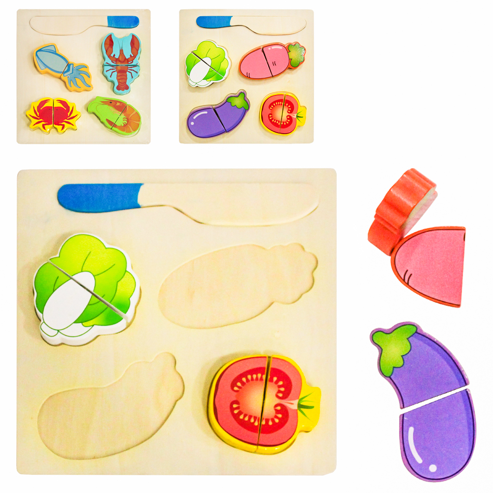 TABULEIRO DIDATICO EDUCATIVO QUEBRA CABECA DE ENCAIXE COMIDINHAS E FACA COM VELCRO DE MADEIRA 10 PECAS