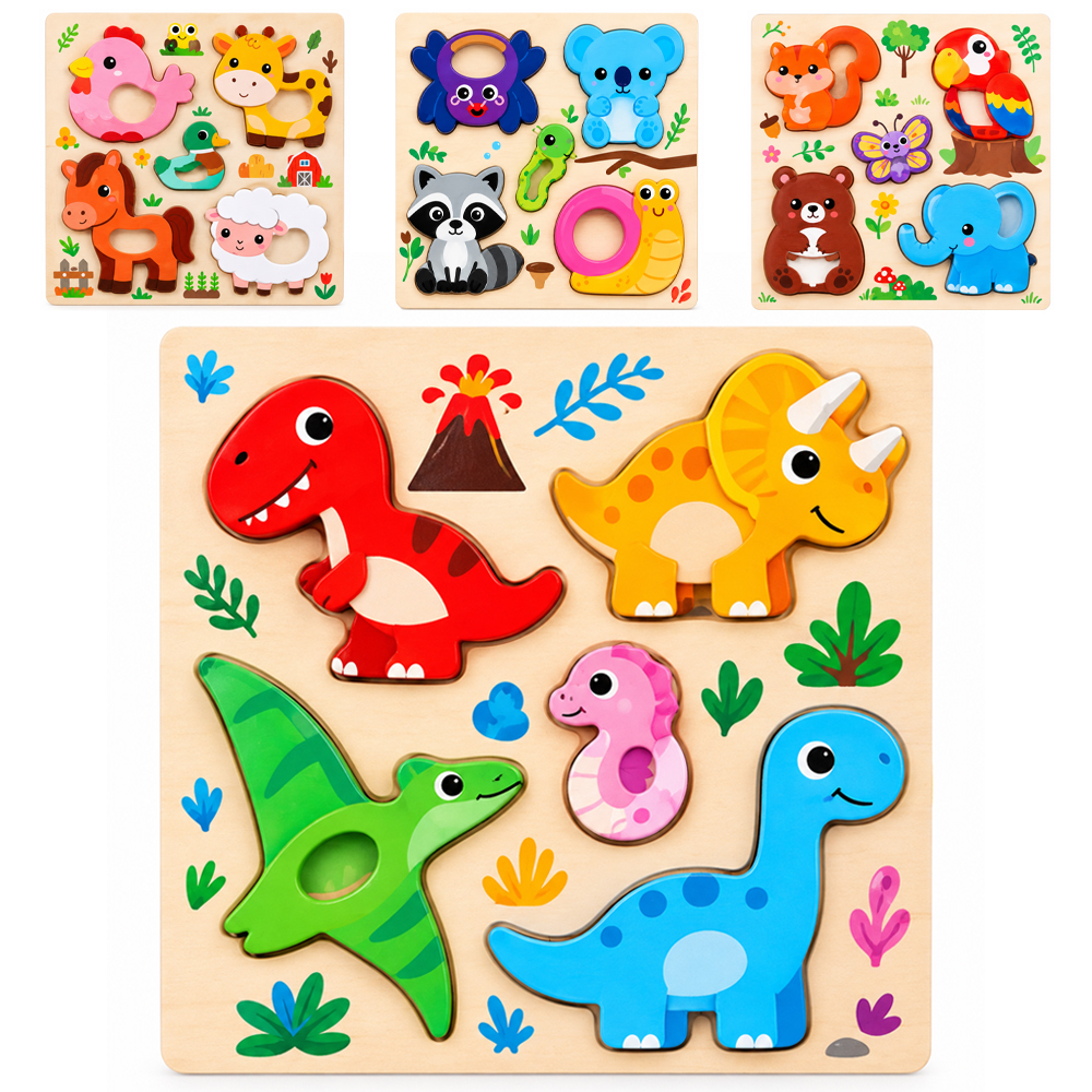 TABULEIRO DIDATICO EDUCATIVO DE ENCAIXE BICHINHOS DE MADEIRA COM 6 PECAS 18X18CM
