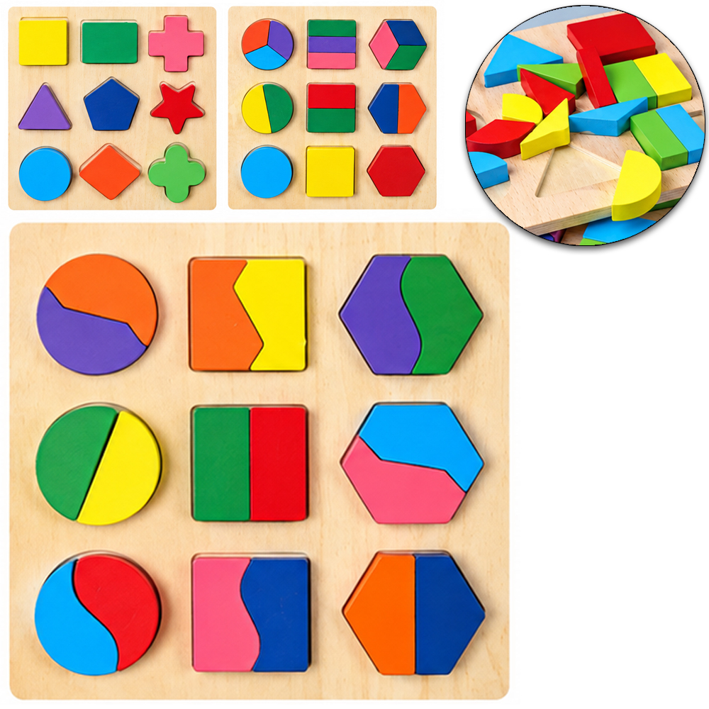 TABULEIRO DIDATICO EDUCATIVO QUEBRA CABECA DE ENCAIXE FORMAS GEOMETRICAS DE MADEIRA 19 PECAS 15X15CM
