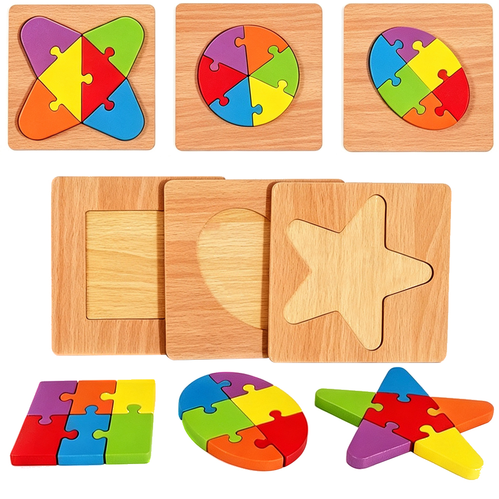 TABULEIRO DIDATICO EDUCATIVO QUEBRA CABECA DE ENCAIXE DE MADEIRA COM 7 PECAS 15X15CM