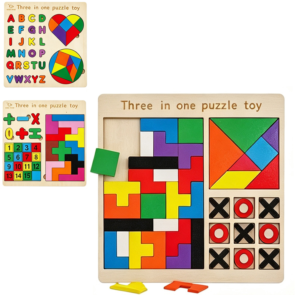 TABULEIRO DIDATICO EDUCATIVO QUEBRA CABECA DE ENCAIXE COM JOGO DA VELHA DE MADEIRA 43 PECAS 22,5X22,5CM