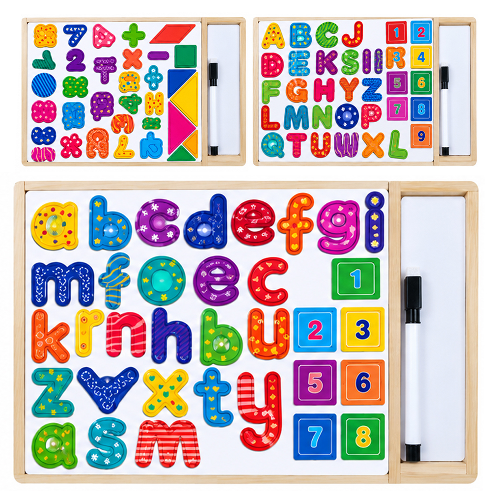 TABULEIRO DIDATICO EDUCATIVO ENCAIXE ALFABETO / NUMEROS MADEIRA COM QUADRO / LOUSA BRANCA + CANETA COM APAGADOR
