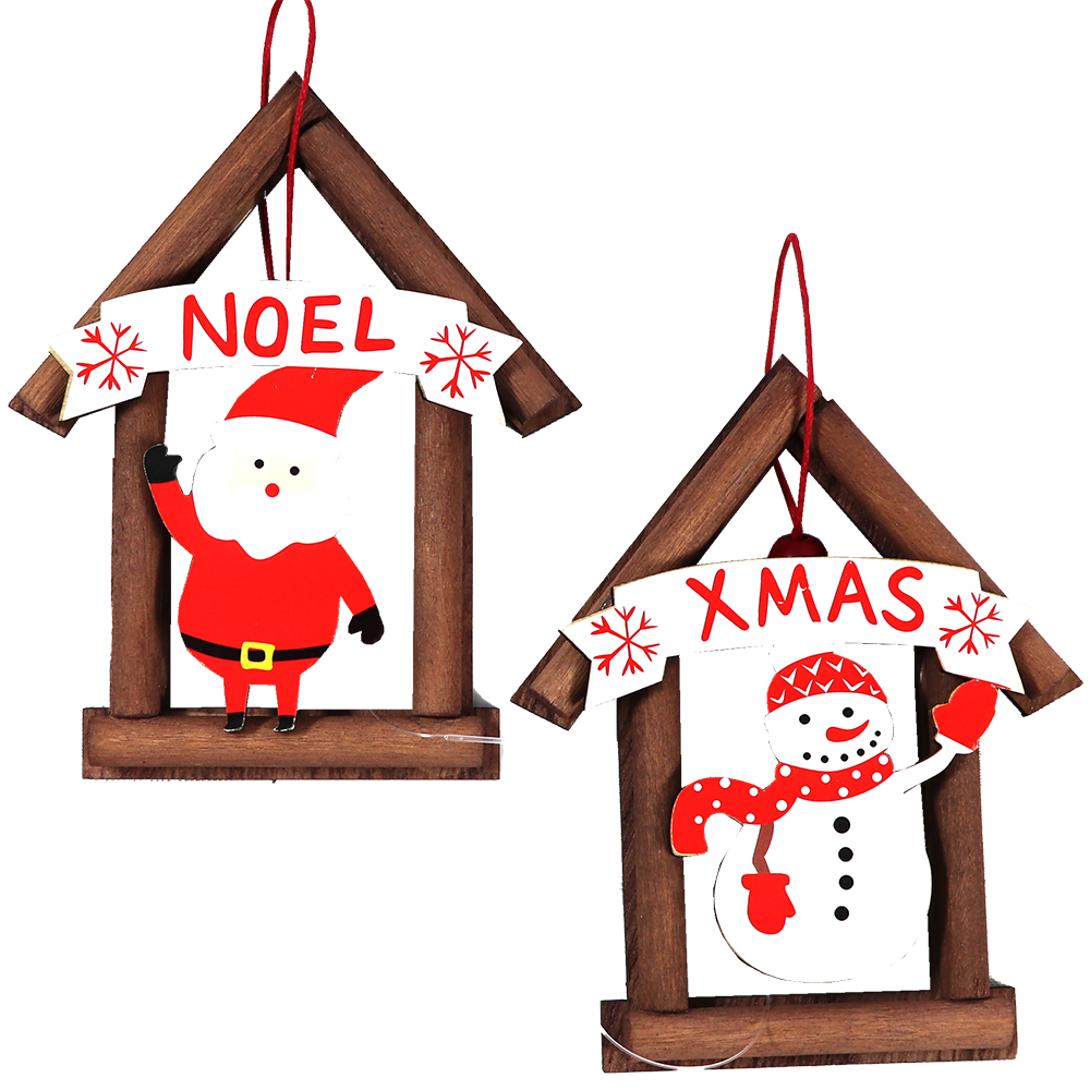 PENDENTE CASA DE MADEIRA COM PAPAI NOEL / BONECO DE NEVE 12X9,5CM